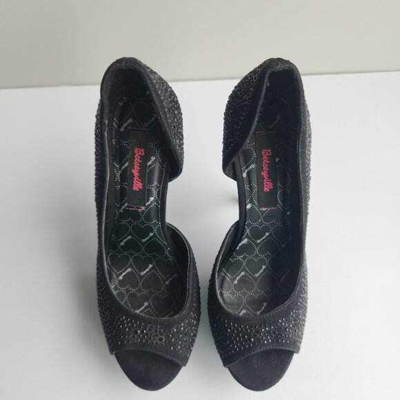 Betseyville Betty Johnson 6.5 Y2K Black w/ Gems Peep Toe Pumps Platform Stiletto - Picture 7 of 9